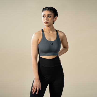 Compression Cross Bra - Grey | Women’s Cross-Back Sports Top